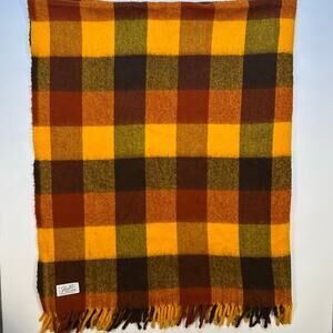 Vintage Faribo Wool Blend Plaid Fringed Throw Blanket in Orange, Brown and Gold